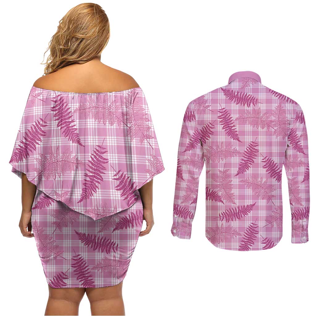 Purple Palaka Hawaii Palapalai Couples Matching Off Shoulder Short Dress and Long Sleeve Button Shirt Hawaiian Fern - Polynesian Pride