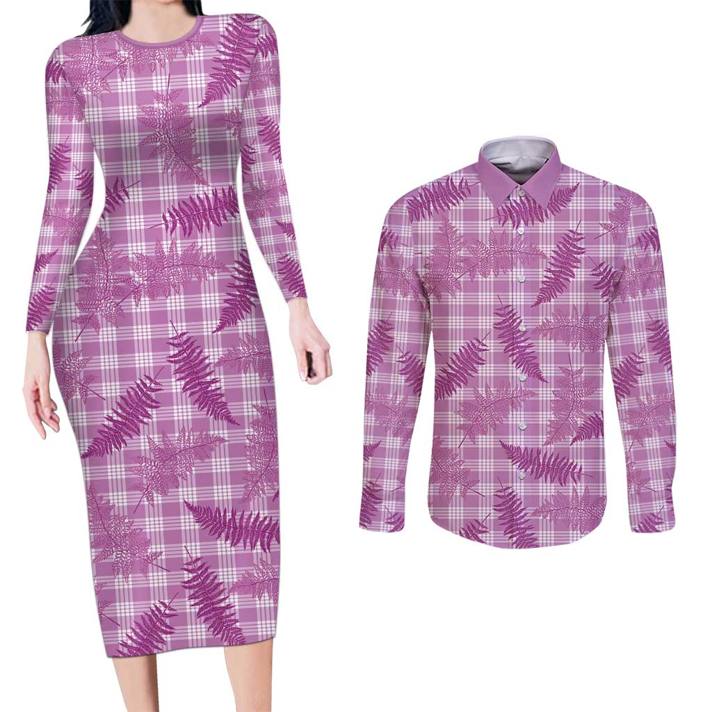 Pink Palaka Hawaii Palapalai Couples Matching Long Sleeve Bodycon Dress and Long Sleeve Button Shirt Hawaiian Fern - Polynesian Pride