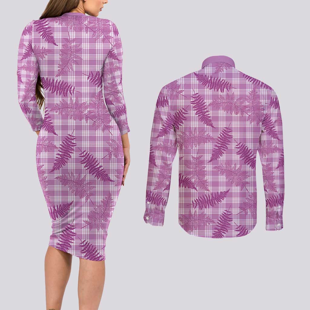 Pink Palaka Hawaii Palapalai Couples Matching Long Sleeve Bodycon Dress and Long Sleeve Button Shirt Hawaiian Fern - Polynesian Pride