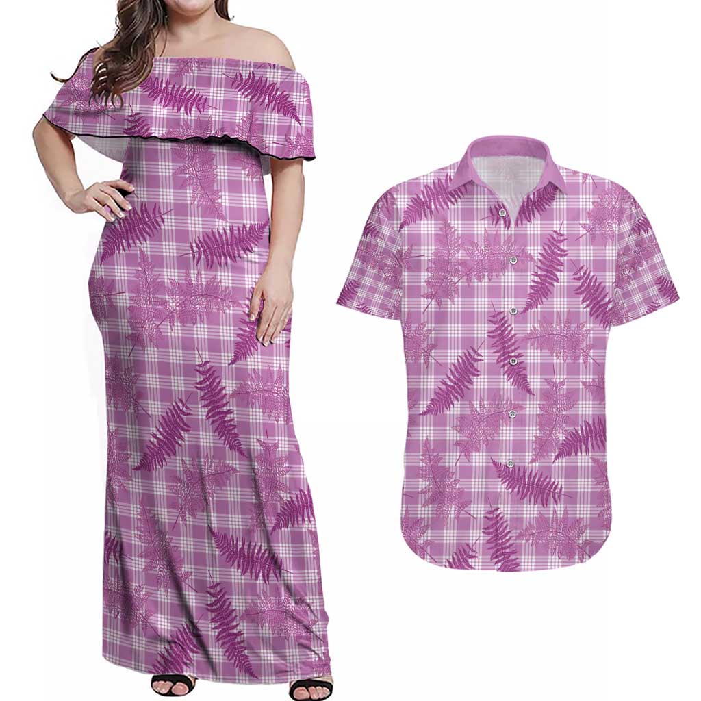 Pink Palaka Hawaii Palapalai Couples Matching Off Shoulder Maxi Dress and Hawaiian Shirt Hawaiian Fern - Polynesian Pride