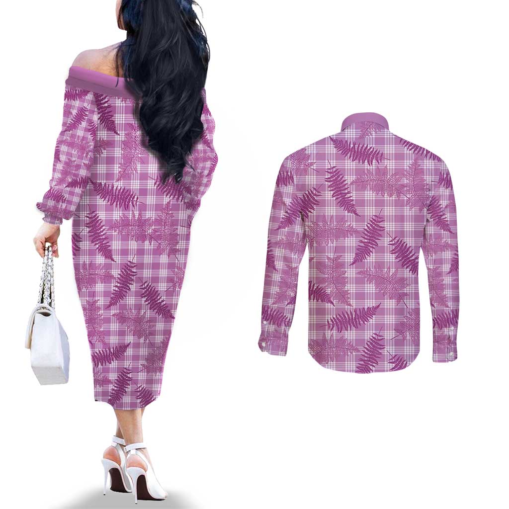 Pink Palaka Hawaii Palapalai Couples Matching Off The Shoulder Long Sleeve Dress and Long Sleeve Button Shirt Hawaiian Fern - Polynesian Pride