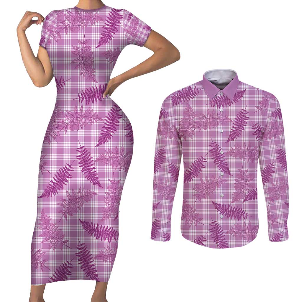 Pink Palaka Hawaii Palapalai Couples Matching Short Sleeve Bodycon Dress and Long Sleeve Button Shirt Hawaiian Fern - Polynesian Pride
