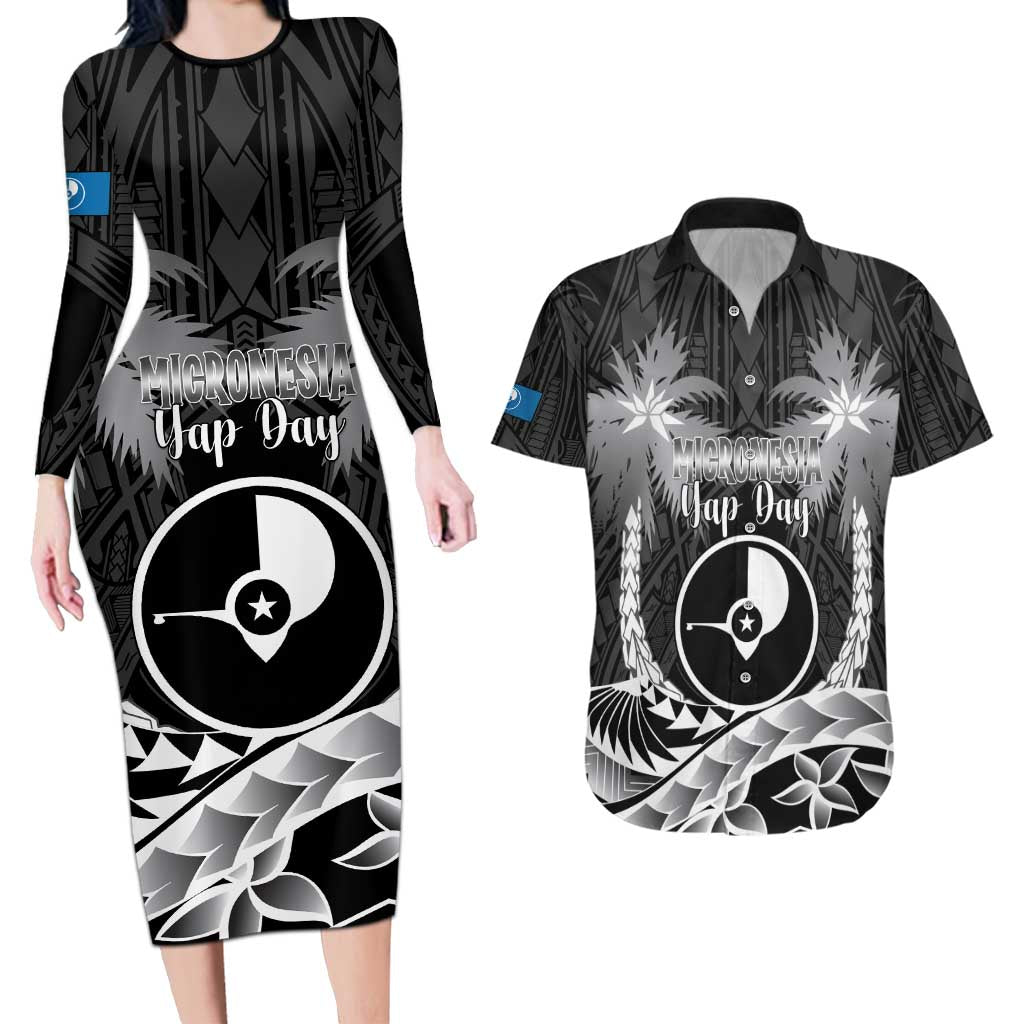 FSM Yap Day Couples Matching Long Sleeve Bodycon Dress and Hawaiian Shirt 2025 Wa'ab Micronesia Black Color LT14 Black - Polynesian Pride
