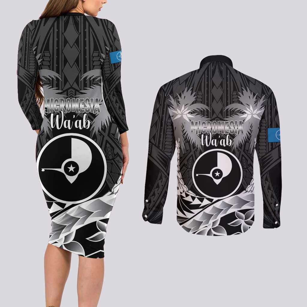 FSM Yap Day Couples Matching Long Sleeve Bodycon Dress and Long Sleeve Button Shirt 2025 Wa'ab Micronesia Black Color LT14 - Polynesian Pride