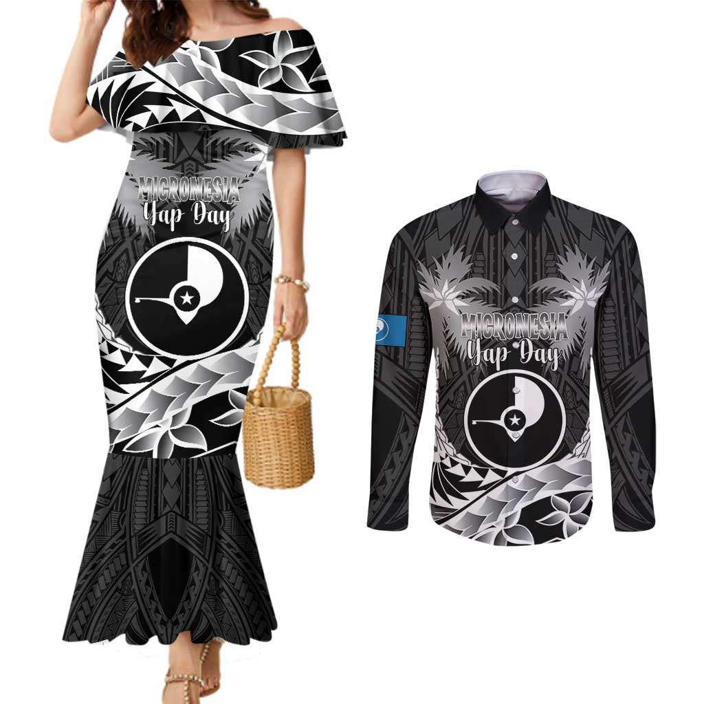 FSM Yap Day Couples Matching Mermaid Dress and Long Sleeve Button Shirt 2025 Wa'ab Micronesia Black Color