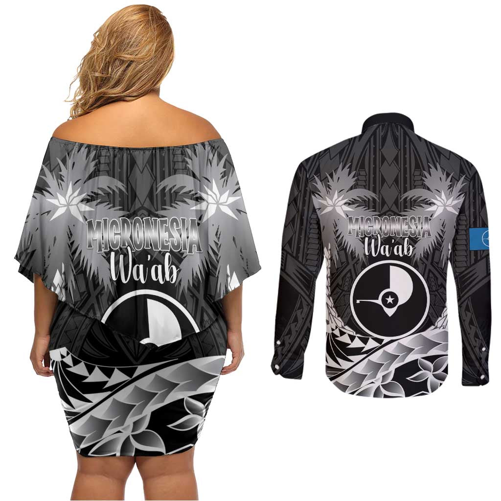 FSM Yap Day Couples Matching Off Shoulder Short Dress and Long Sleeve Button Shirt 2025 Wa'ab Micronesia Black Color LT14 - Polynesian Pride