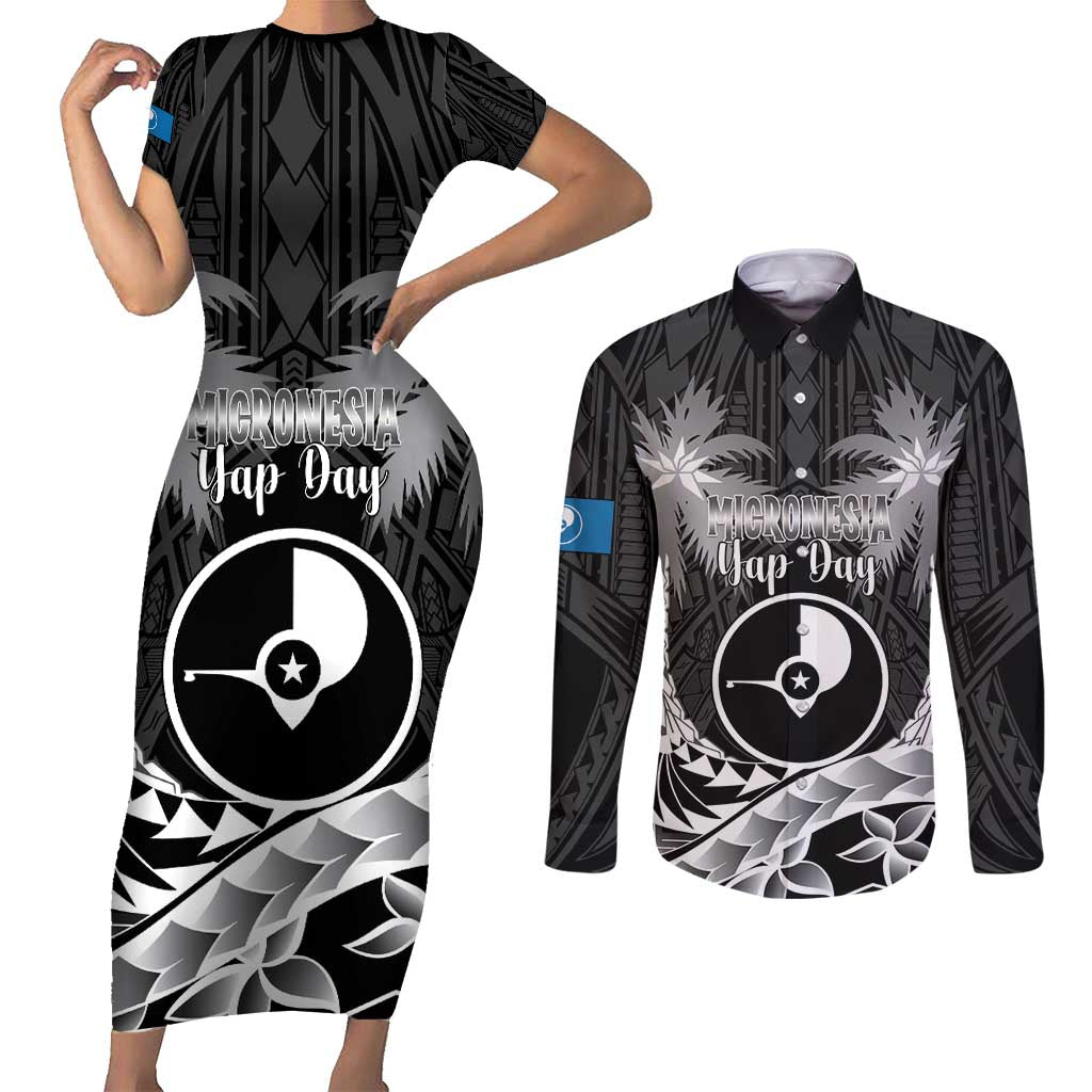 FSM Yap Day Couples Matching Short Sleeve Bodycon Dress and Long Sleeve Button Shirt 2025 Wa'ab Micronesia Black Color LT14 Black - Polynesian Pride