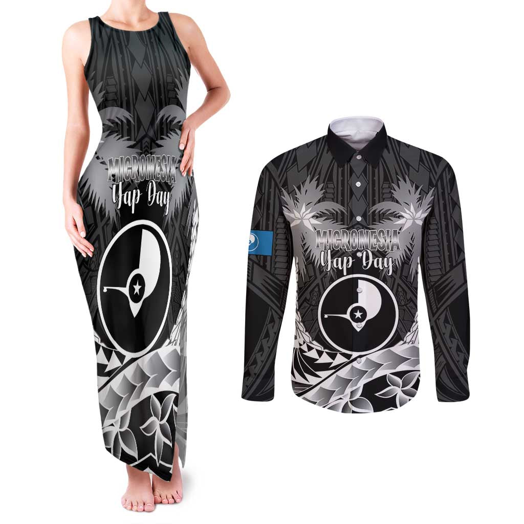 FSM Yap Day Couples Matching Tank Maxi Dress and Long Sleeve Button Shirt 2025 Wa'ab Micronesia Black Color LT14 Black - Polynesian Pride