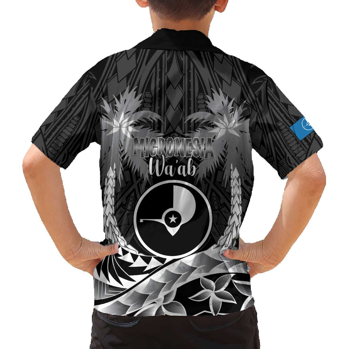 FSM Yap Day Family Matching Off The Shoulder Long Sleeve Dress and Hawaiian Shirt 2025 Wa'ab Micronesia Black Color