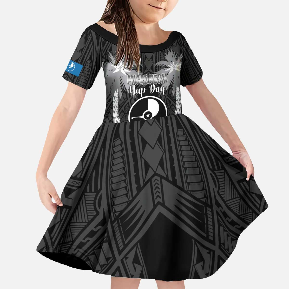 FSM Yap Day Family Matching Off The Shoulder Long Sleeve Dress and Hawaiian Shirt 2025 Wa'ab Micronesia Black Color