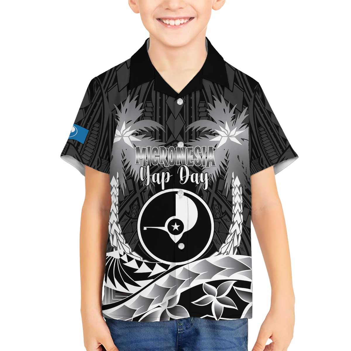 FSM Yap Day Family Matching Off The Shoulder Long Sleeve Dress and Hawaiian Shirt 2025 Wa'ab Micronesia Black Color