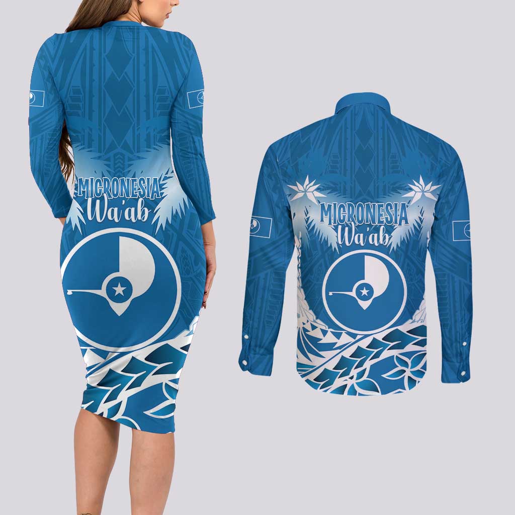 FSM Yap Day Couples Matching Long Sleeve Bodycon Dress and Long Sleeve Button Shirt 2025 Wa'ab Micronesia Flag Color