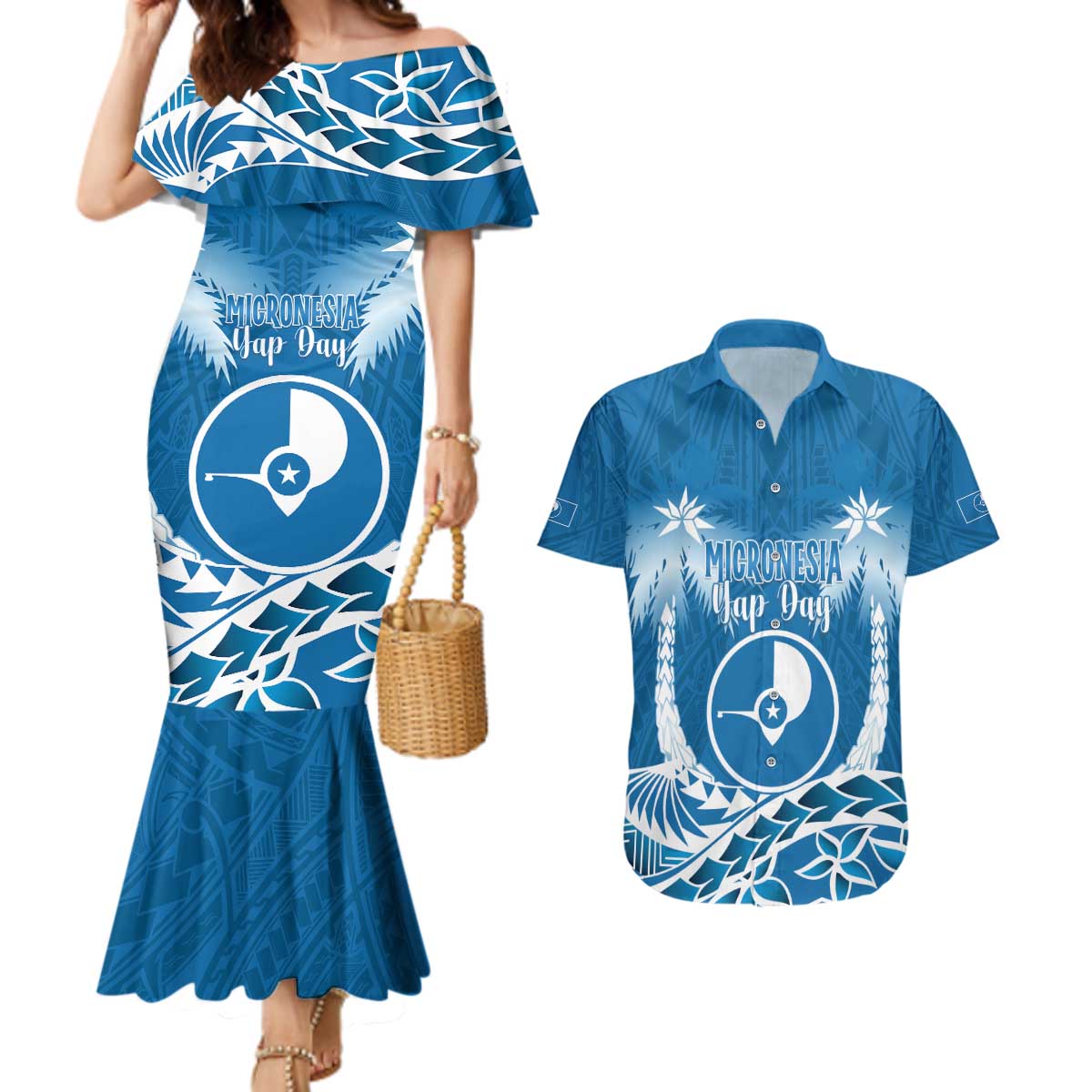 FSM Yap Day Couples Matching Mermaid Dress and Hawaiian Shirt 2025 Wa'ab Micronesia Flag Color LT14 Blue - Polynesian Pride