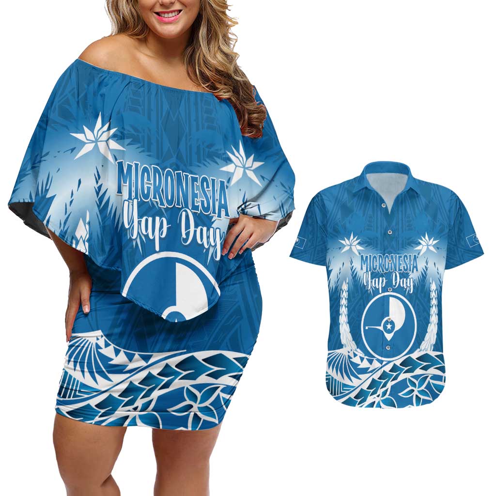 FSM Yap Day Couples Matching Off Shoulder Short Dress and Hawaiian Shirt 2025 Wa'ab Micronesia Flag Color LT14 Blue - Polynesian Pride