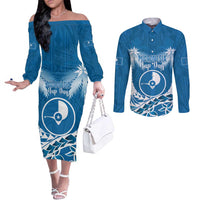 FSM Yap Day Couples Matching Off The Shoulder Long Sleeve Dress and Long Sleeve Button Shirt 2025 Wa'ab Micronesia Flag Color