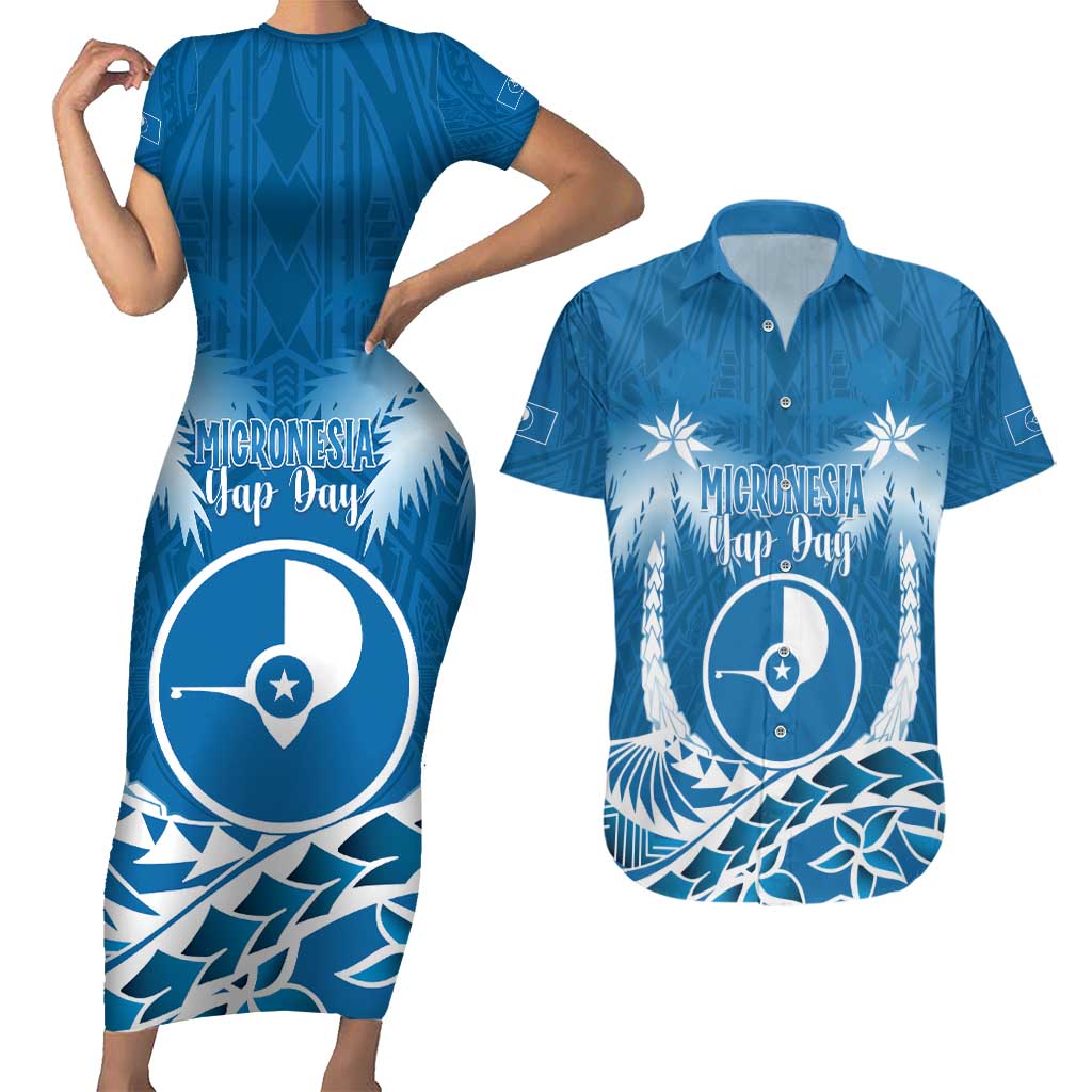 FSM Yap Day Couples Matching Short Sleeve Bodycon Dress and Hawaiian Shirt 2025 Wa'ab Micronesia Flag Color LT14 Blue - Polynesian Pride