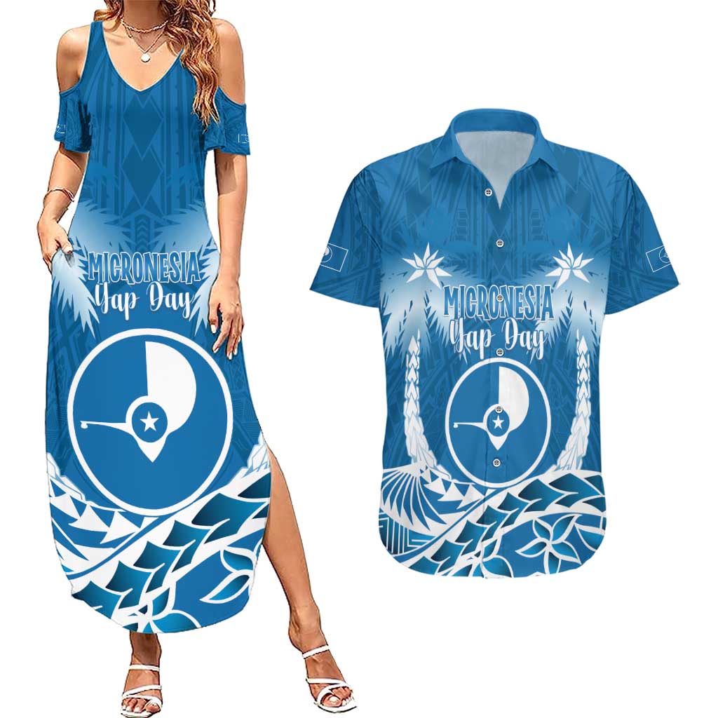 FSM Yap Day Couples Matching Summer Maxi Dress and Hawaiian Shirt 2025 Wa'ab Micronesia Flag Color LT14 Blue - Polynesian Pride