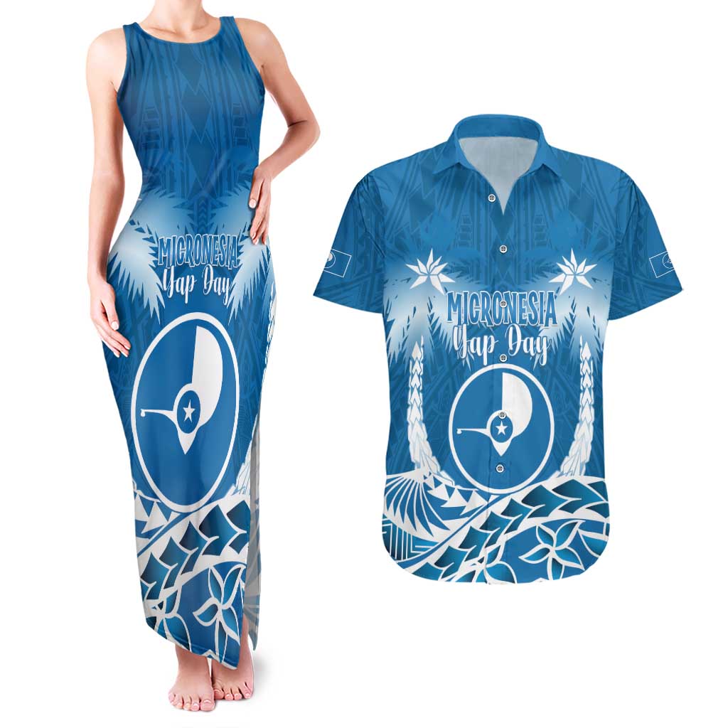 FSM Yap Day Couples Matching Tank Maxi Dress and Hawaiian Shirt 2025 Wa'ab Micronesia Flag Color LT14 Blue - Polynesian Pride