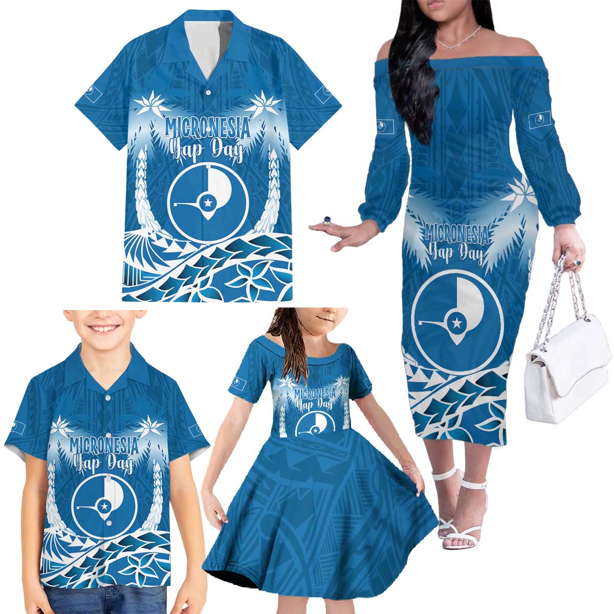 FSM Yap Day Family Matching Off The Shoulder Long Sleeve Dress and Hawaiian Shirt 2025 Wa'ab Micronesia Flag Color