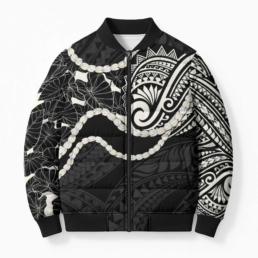 Aloha Hawaii Kalo Pikake Lei Bomber Puffer Jacket Chest Tattoo Black Hawaiian Pattern LT14 Unisex Black - Polynesian Pride
