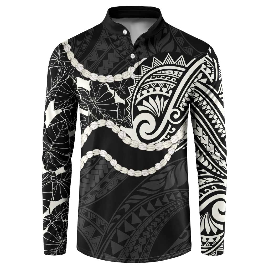 Aloha Hawaii Kalo Pikake Lei Button Sweatshirt Chest Tattoo Black Hawaiian Pattern