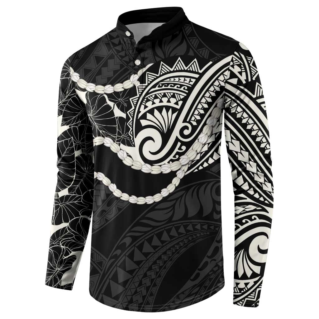Aloha Hawaii Kalo Pikake Lei Button Sweatshirt Chest Tattoo Black Hawaiian Pattern