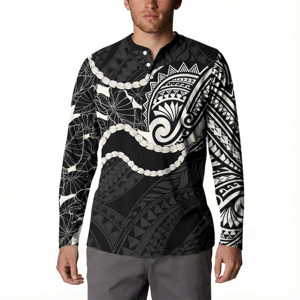 Aloha Hawaii Kalo Pikake Lei Button Sweatshirt Chest Tattoo Black Hawaiian Pattern