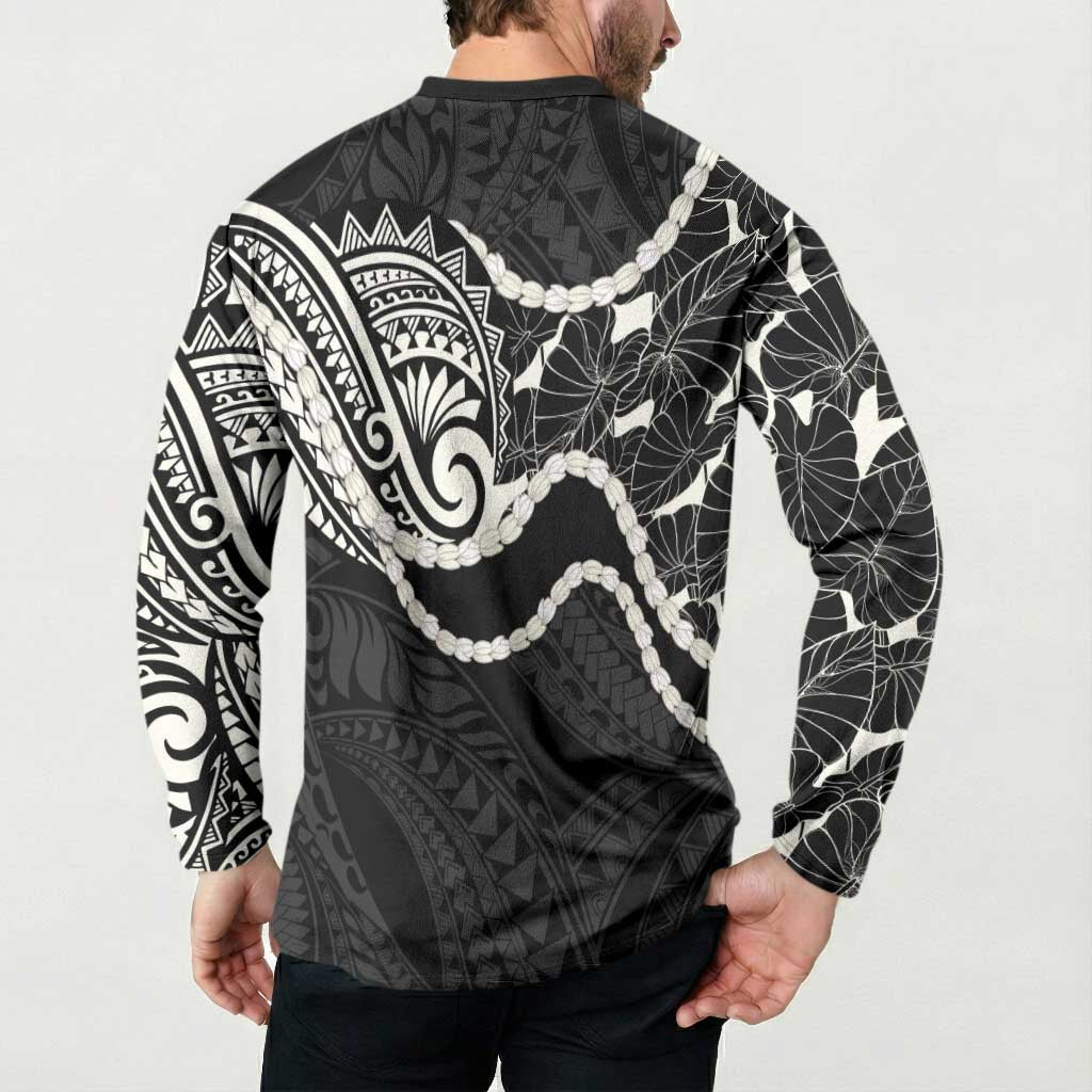 Aloha Hawaii Kalo Pikake Lei Button Sweatshirt Chest Tattoo Black Hawaiian Pattern
