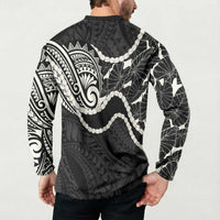 Aloha Hawaii Kalo Pikake Lei Button Sweatshirt Chest Tattoo Black Hawaiian Pattern