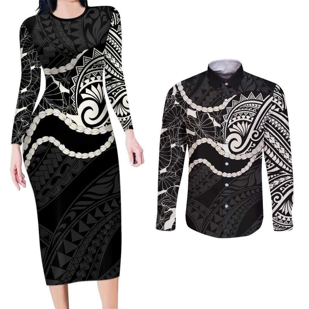Aloha Hawaii Kalo Pikake Lei Couples Matching Long Sleeve Bodycon Dress and Long Sleeve Button Shirt Chest Tattoo Black Hawaiian Pattern