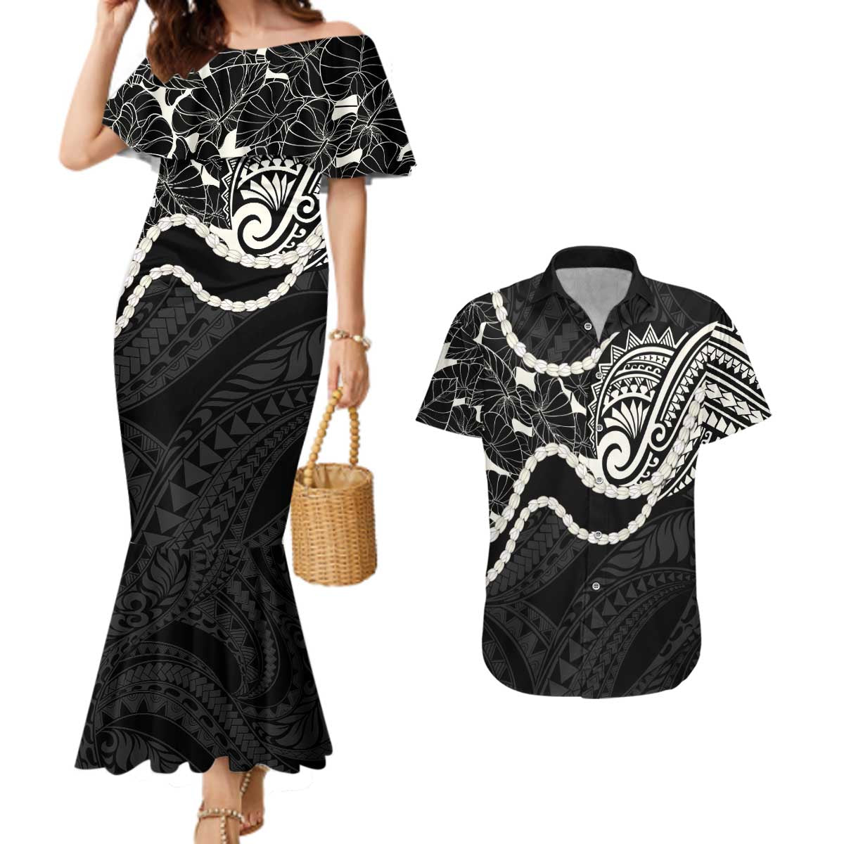 Aloha Hawaii Kalo Pikake Lei Couples Matching Mermaid Dress and Hawaiian Shirt Chest Tattoo Black Hawaiian Pattern LT14 Black - Polynesian Pride