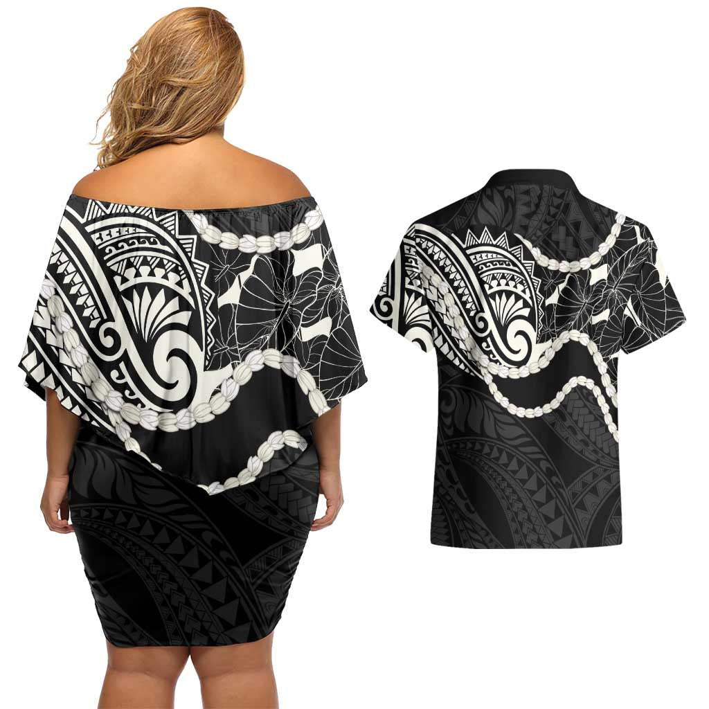 Aloha Hawaii Kalo Pikake Lei Couples Matching Off Shoulder Short Dress and Hawaiian Shirt Chest Tattoo Black Hawaiian Pattern LT14 - Polynesian Pride