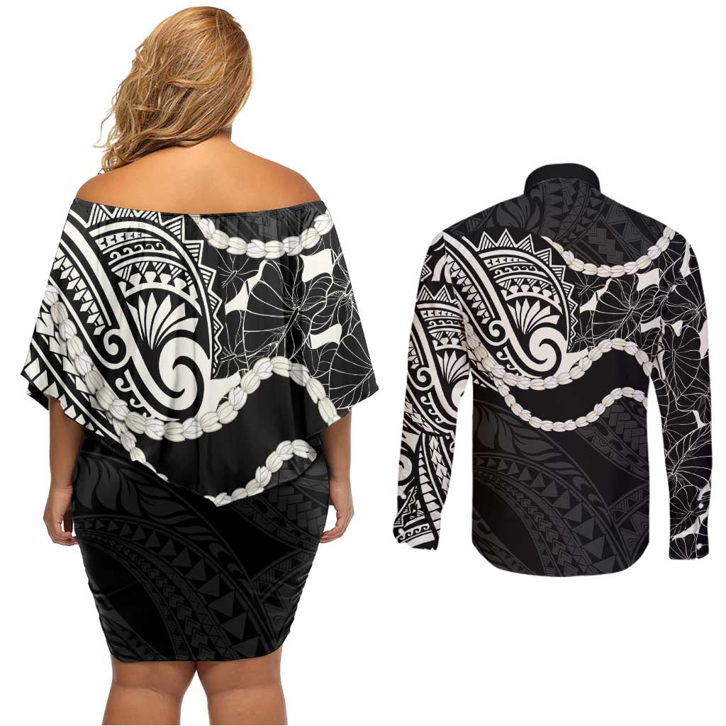 Aloha Hawaii Kalo Pikake Lei Couples Matching Off Shoulder Short Dress and Long Sleeve Button Shirt Chest Tattoo Black Hawaiian Pattern LT14 - Polynesian Pride