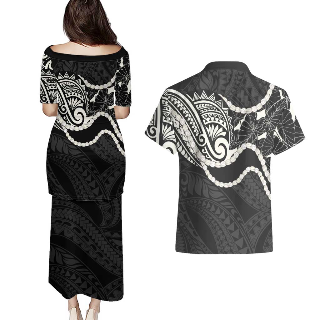 Aloha Hawaii Kalo Pikake Lei Couples Matching Puletasi and Hawaiian Shirt Chest Tattoo Black Hawaiian Pattern LT14 - Polynesian Pride
