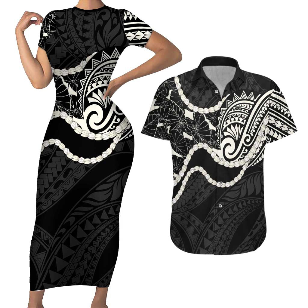 Aloha Hawaii Kalo Pikake Lei Couples Matching Short Sleeve Bodycon Dress and Hawaiian Shirt Chest Tattoo Black Hawaiian Pattern LT14 Black - Polynesian Pride