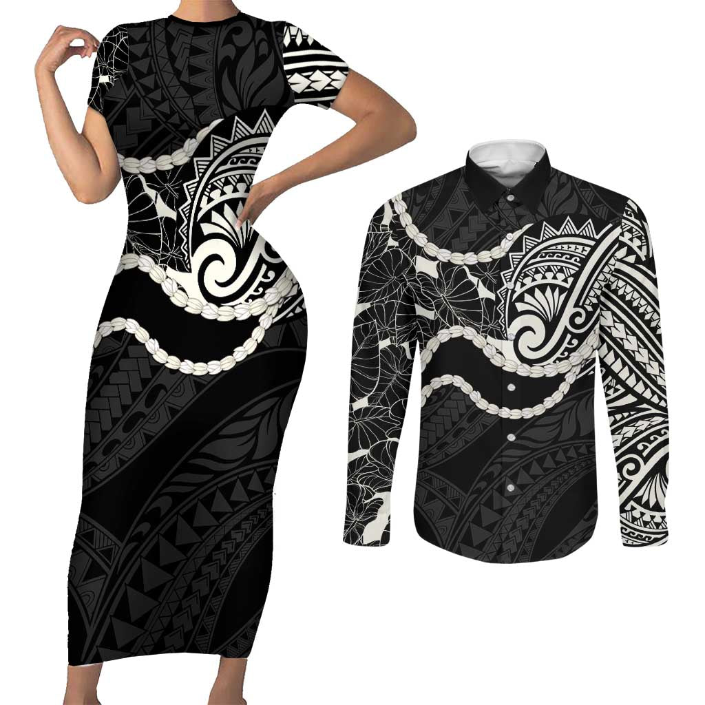 Aloha Hawaii Kalo Pikake Lei Couples Matching Short Sleeve Bodycon Dress and Long Sleeve Button Shirt Chest Tattoo Black Hawaiian Pattern