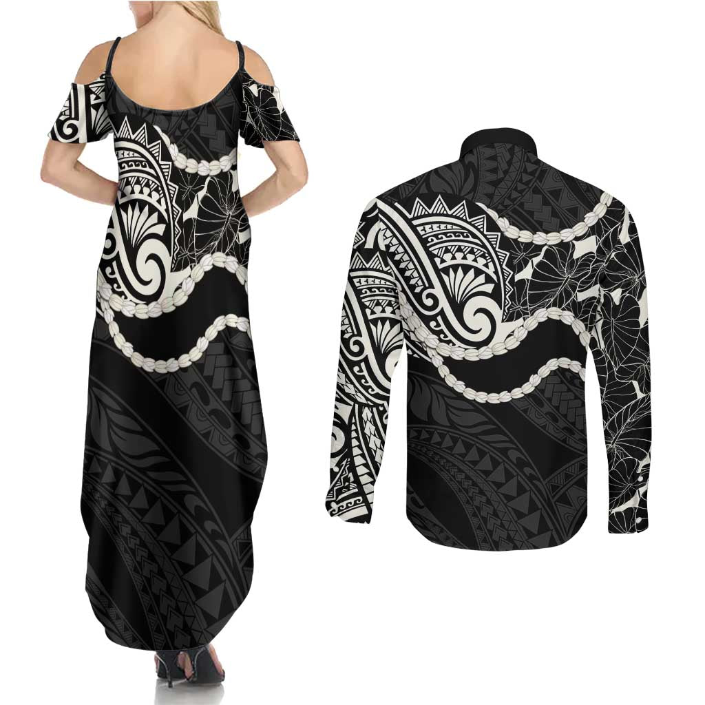 Aloha Hawaii Kalo Pikake Lei Couples Matching Summer Maxi Dress and Long Sleeve Button Shirt Chest Tattoo Black Hawaiian Pattern