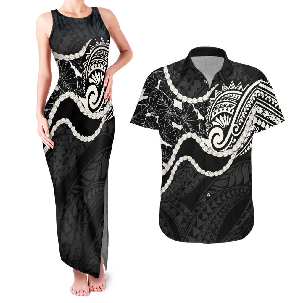 Aloha Hawaii Kalo Pikake Lei Couples Matching Tank Maxi Dress and Hawaiian Shirt Chest Tattoo Black Hawaiian Pattern LT14 Black - Polynesian Pride