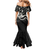 Aloha Hawaii Kalo Pikake Lei Family Matching Mermaid Dress and Hawaiian Shirt Chest Tattoo Black Hawaiian Pattern LT14 - Polynesian Pride