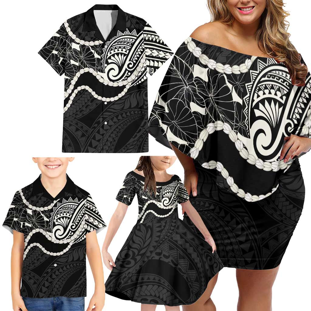 Aloha Hawaii Kalo Pikake Lei Family Matching Off Shoulder Short Dress and Hawaiian Shirt Chest Tattoo Black Hawaiian Pattern LT14 - Polynesian Pride