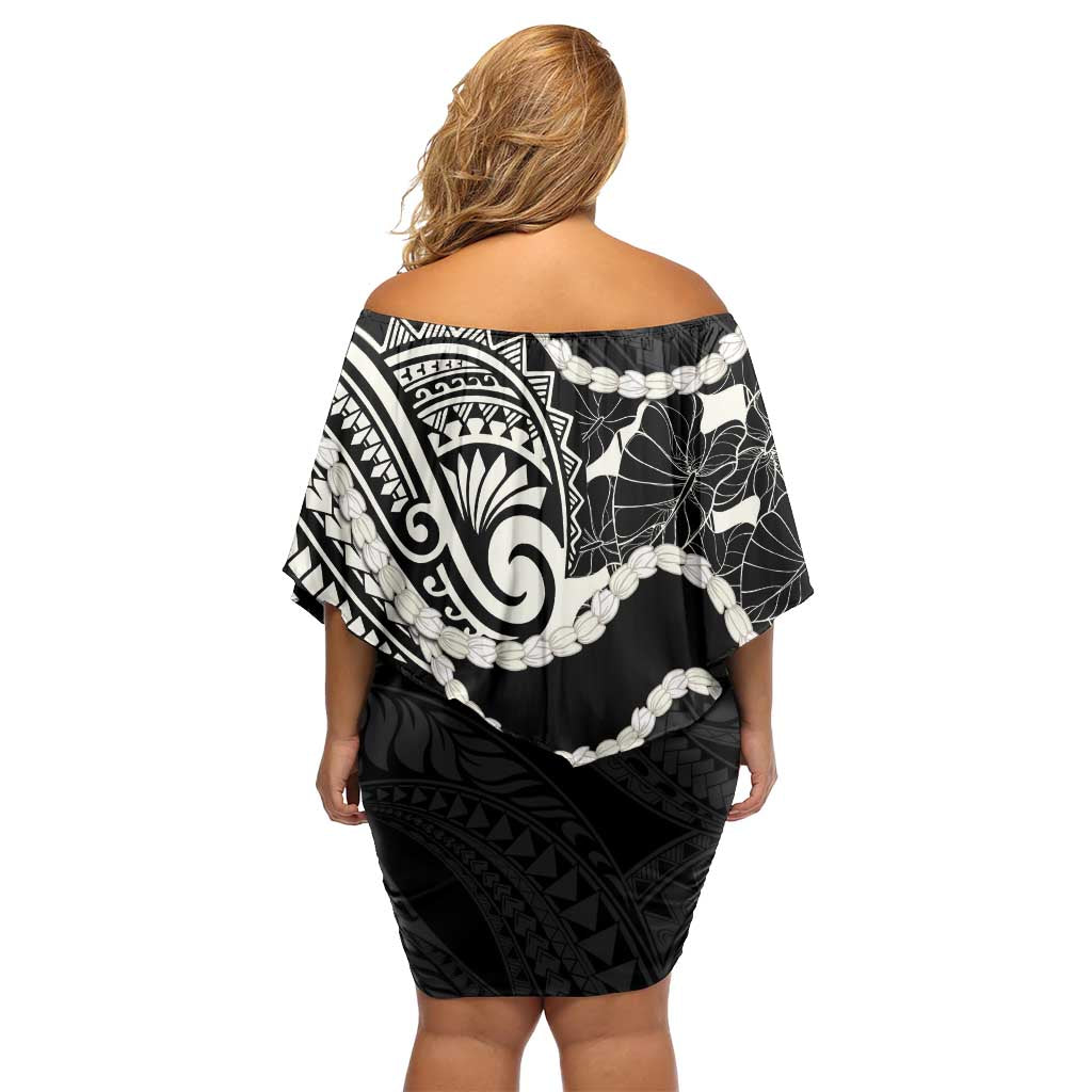 Aloha Hawaii Kalo Pikake Lei Family Matching Off Shoulder Short Dress and Hawaiian Shirt Chest Tattoo Black Hawaiian Pattern LT14 - Polynesian Pride