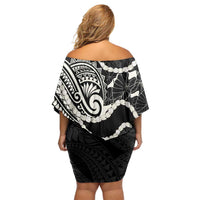 Aloha Hawaii Kalo Pikake Lei Family Matching Off Shoulder Short Dress and Hawaiian Shirt Chest Tattoo Black Hawaiian Pattern LT14 - Polynesian Pride