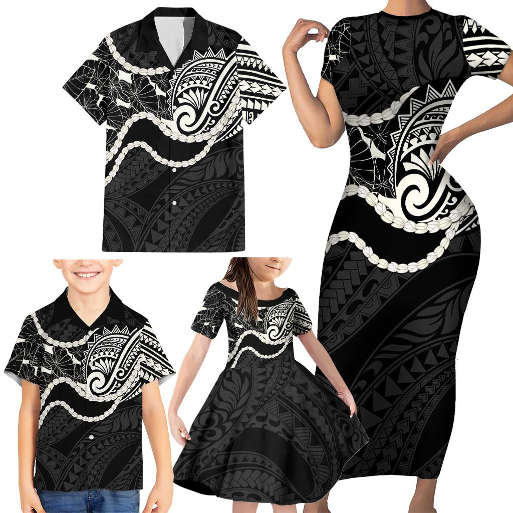 Aloha Hawaii Kalo Pikake Lei Family Matching Short Sleeve Bodycon Dress and Hawaiian Shirt Chest Tattoo Black Hawaiian Pattern LT14 - Polynesian Pride