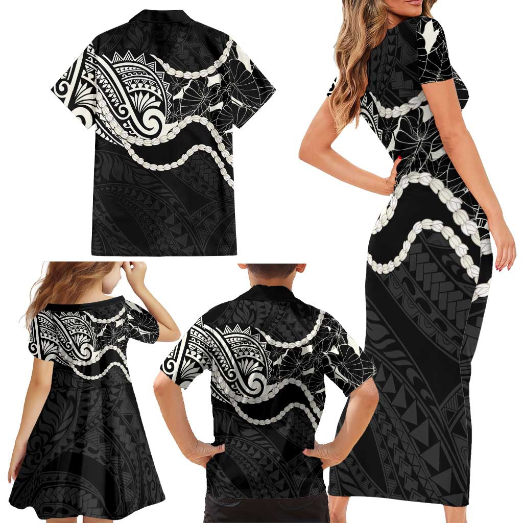 Aloha Hawaii Kalo Pikake Lei Family Matching Short Sleeve Bodycon Dress and Hawaiian Shirt Chest Tattoo Black Hawaiian Pattern LT14 - Polynesian Pride