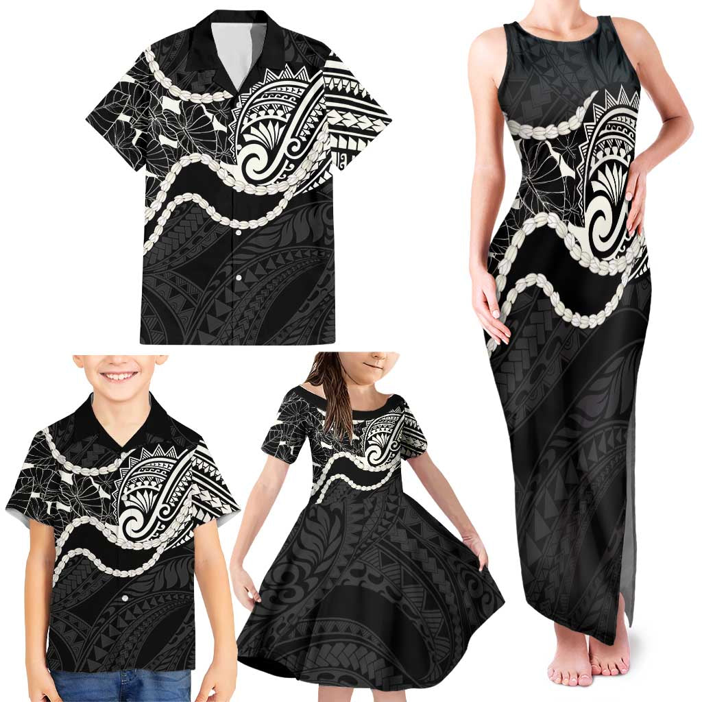 Aloha Hawaii Kalo Pikake Lei Family Matching Tank Maxi Dress and Hawaiian Shirt Chest Tattoo Black Hawaiian Pattern