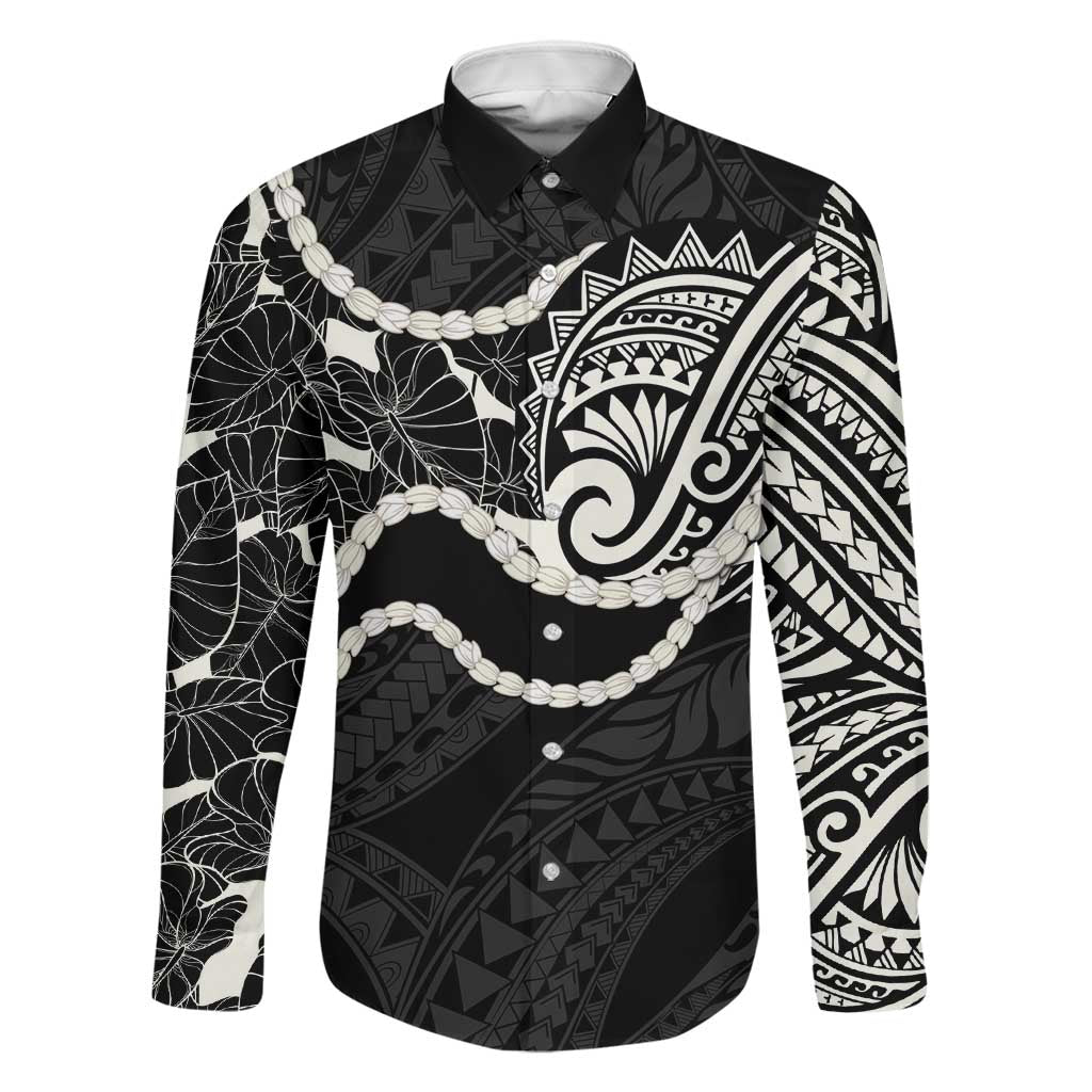 Aloha Hawaii Kalo Pikake Lei Family Matching Tank Maxi Dress and Hawaiian Shirt Chest Tattoo Black Hawaiian Pattern LT14 Dad's Shirt - Long Sleeve Black - Polynesian Pride