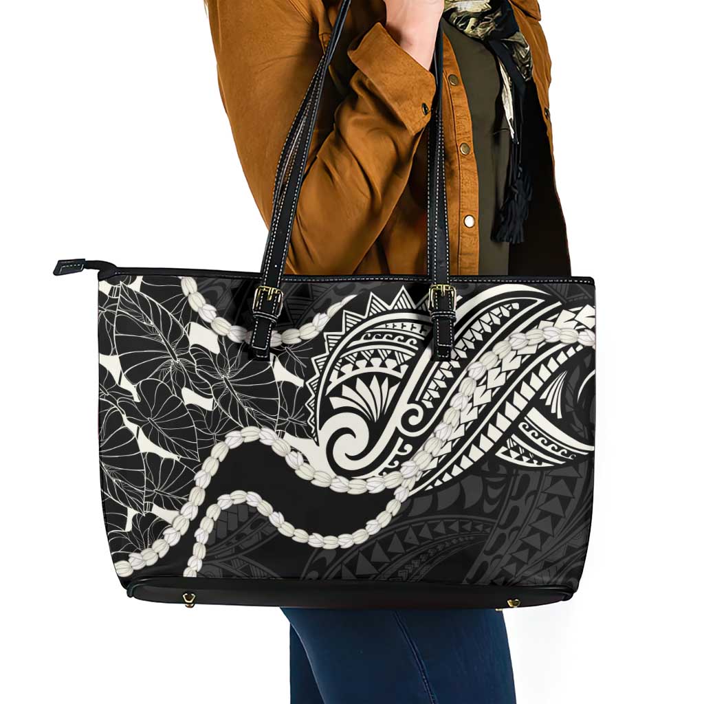 Aloha Hawaii Kalo Pikake Lei Leather Tote Bag Chest Tattoo Black Hawaiian Pattern LT14 - Polynesian Pride