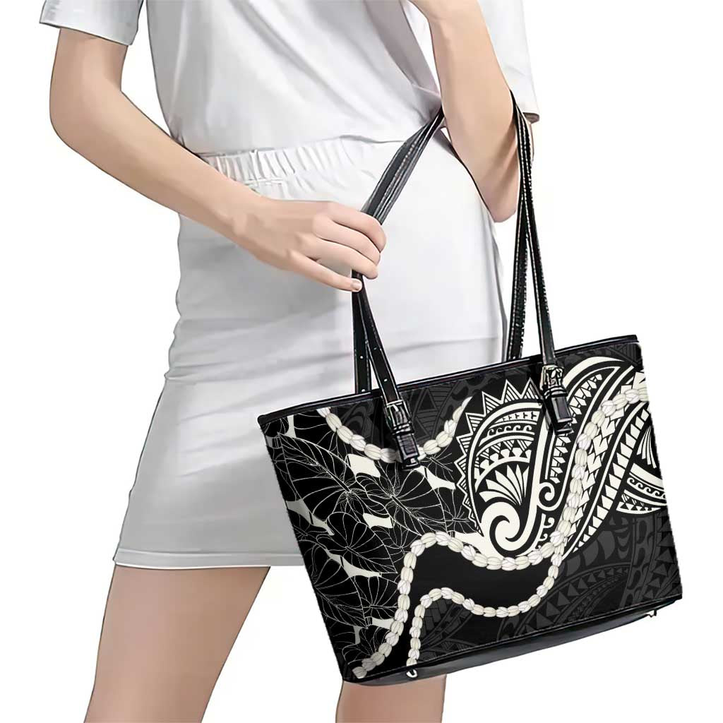 Aloha Hawaii Kalo Pikake Lei Leather Tote Bag Chest Tattoo Black Hawaiian Pattern LT14 - Polynesian Pride