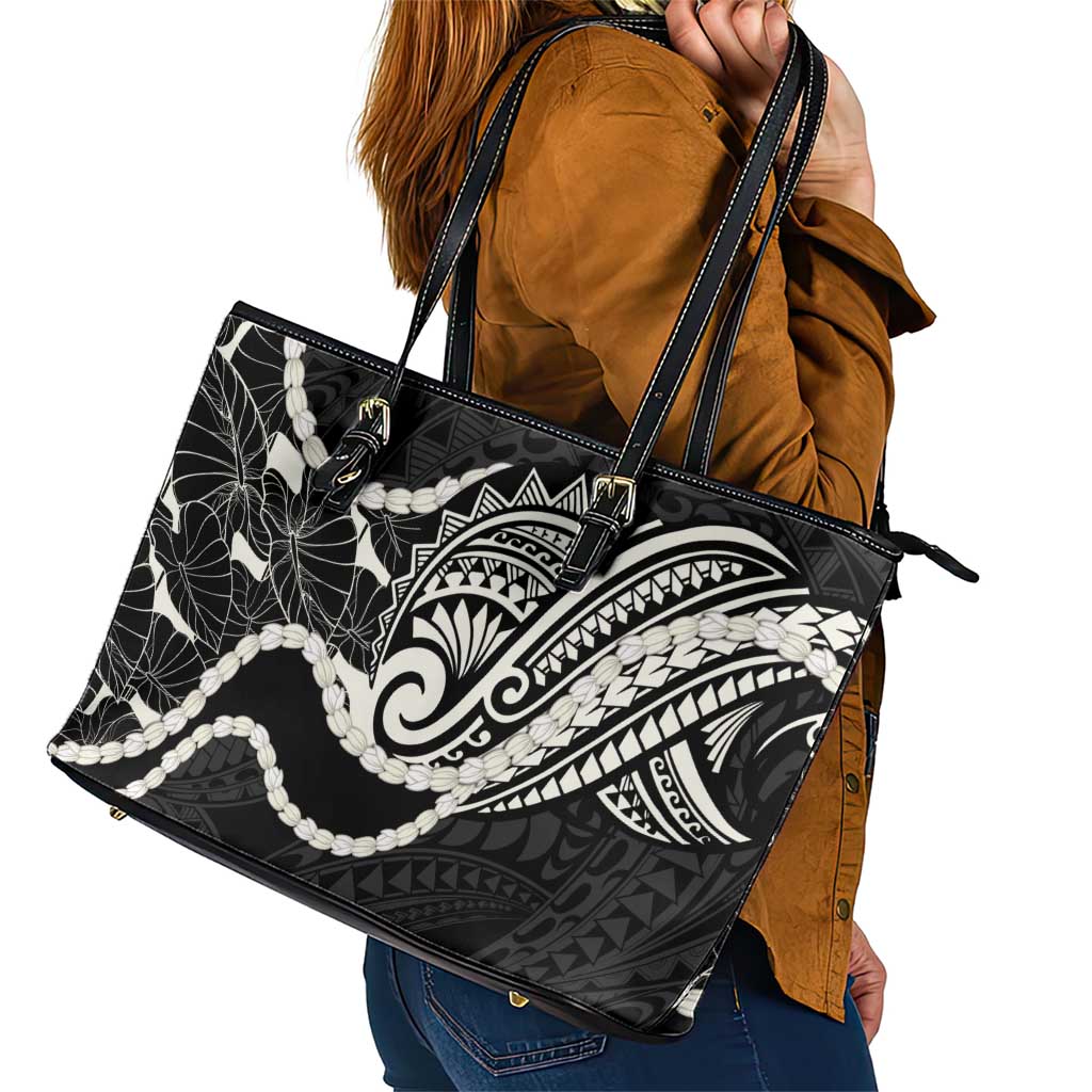 Aloha Hawaii Kalo Pikake Lei Leather Tote Bag Chest Tattoo Black Hawaiian Pattern LT14 - Polynesian Pride