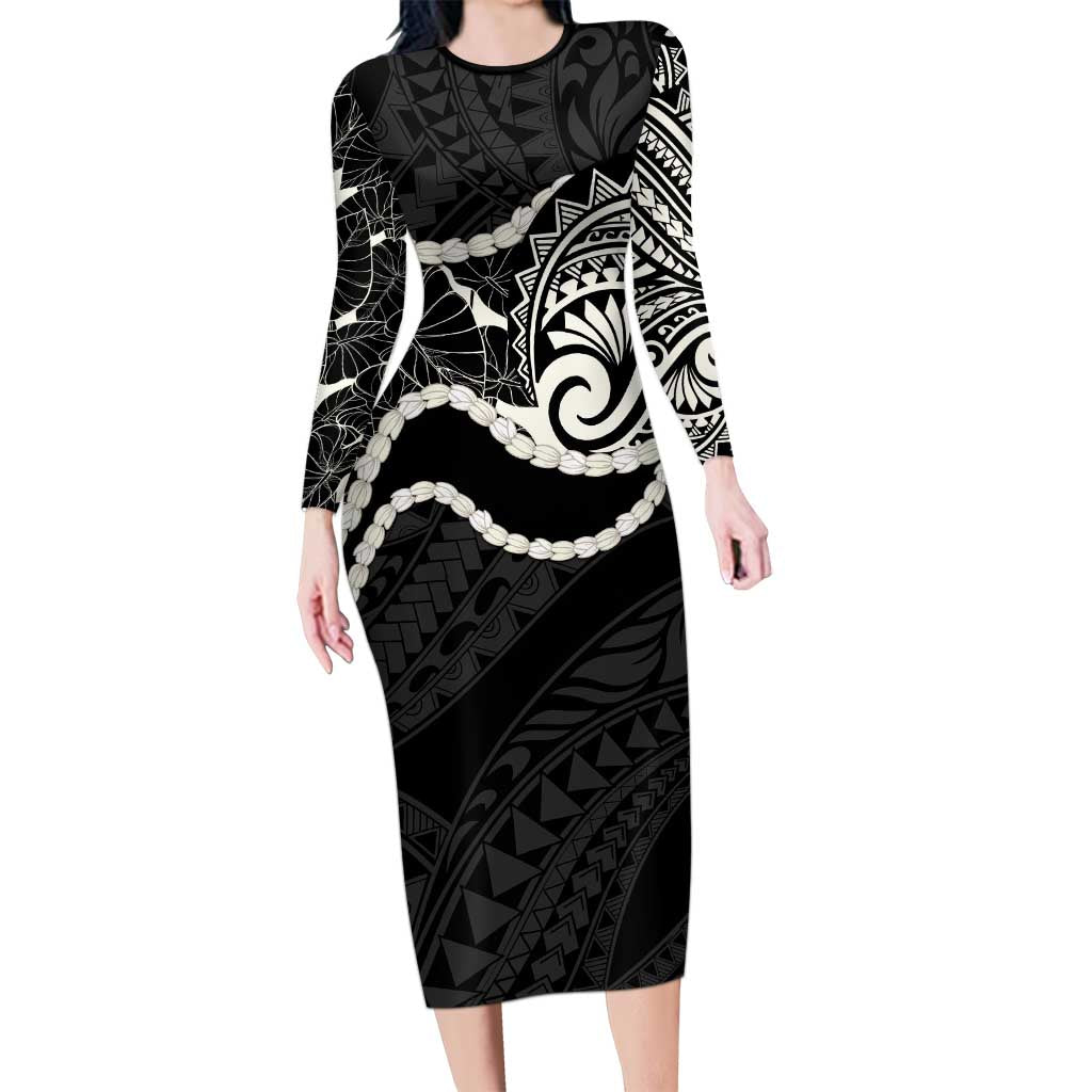 Aloha Hawaii Kalo Pikake Lei Long Sleeve Bodycon Dress Chest Tattoo Black Hawaiian Pattern LT14 Long Dress Black - Polynesian Pride